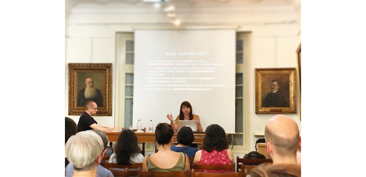 Dr. Agiatis Benardou at Athens University in June 2018, giving a seminar on the challenges of community-generated content in the digital domain.